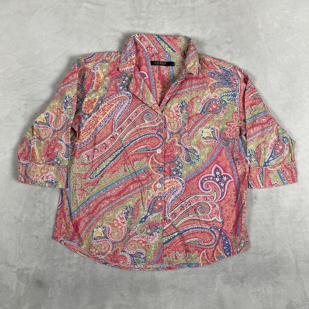 Lauren Ralph Lauren Shirt Womens Large Multicolor Paisley Button Up 3/4 Sleeve